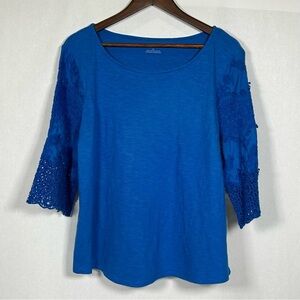 2 for$15 Talbots Blue 3/4 Sleeve Boxy Blouse with Lace Detail on Sleeves Size XL